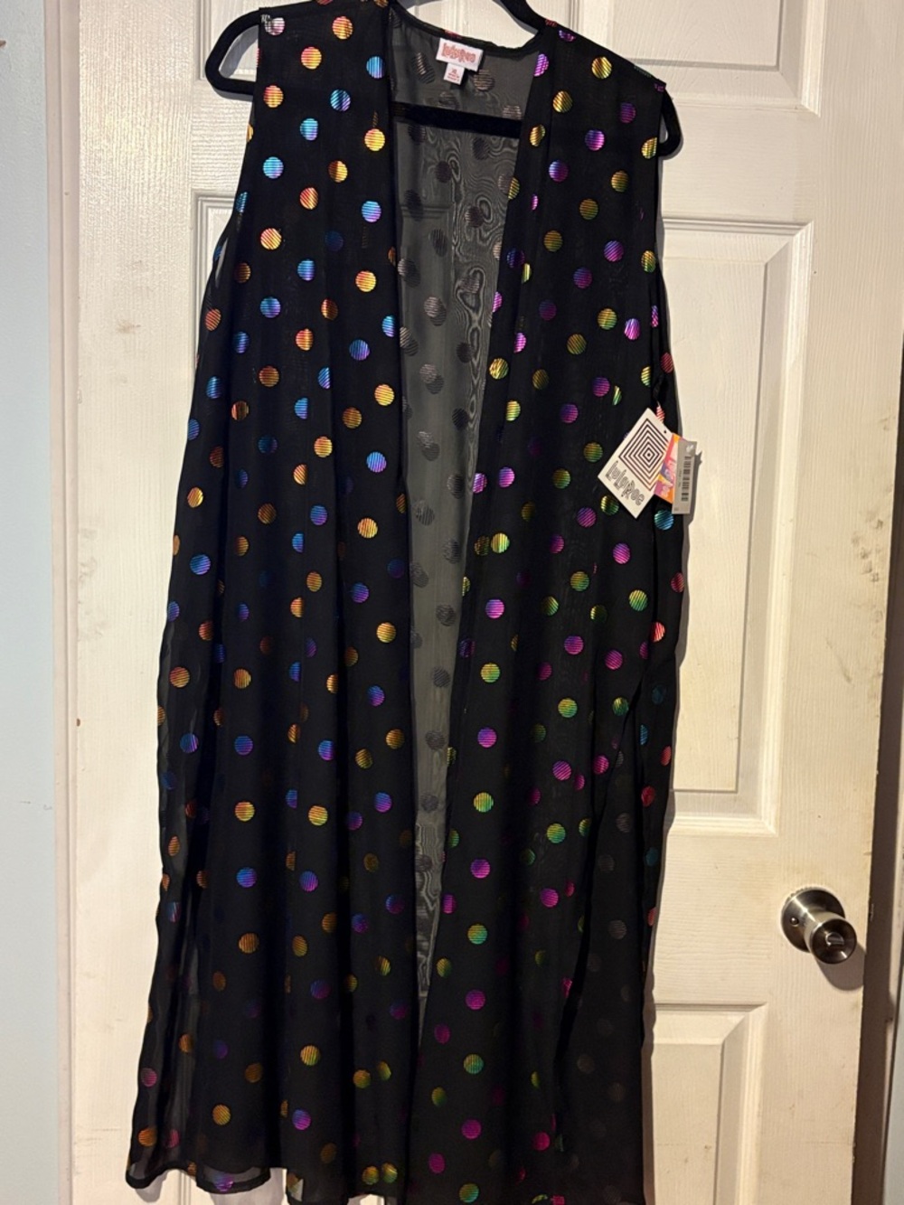 LuLaRoe Black Sheer Joy Duster with Multicolor Metallic Polka Dots